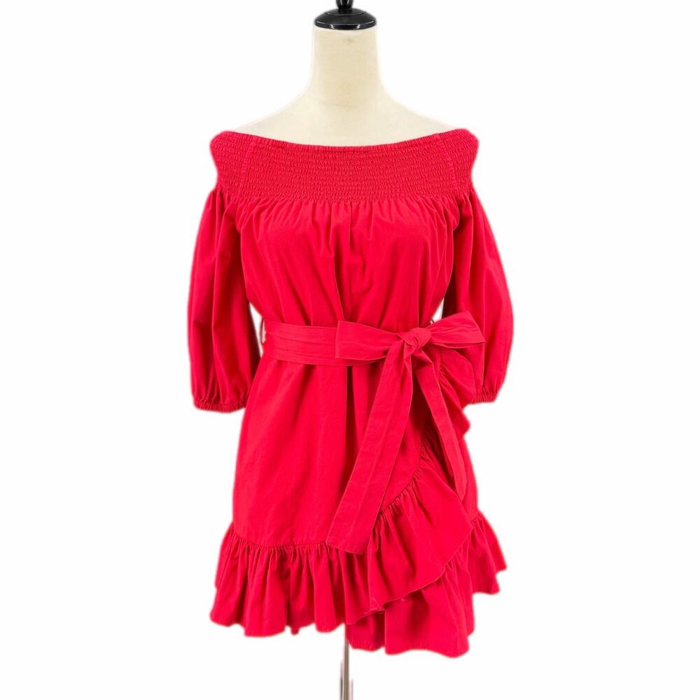 Tularosa Red Cotton Ruffle Vibrant Off the Shoulder Boho Cottagecore Party Dress